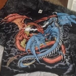 Men Vintage XL AOP 1994 Liquid Blue All Over Print Dealing Dragons Fantasy Shirt